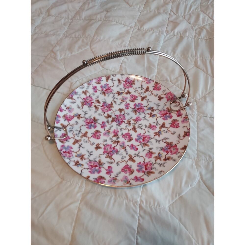 Vintage 10.5 inches Chintz Plate Serving With Wire Handles Japan made 2107N EUC